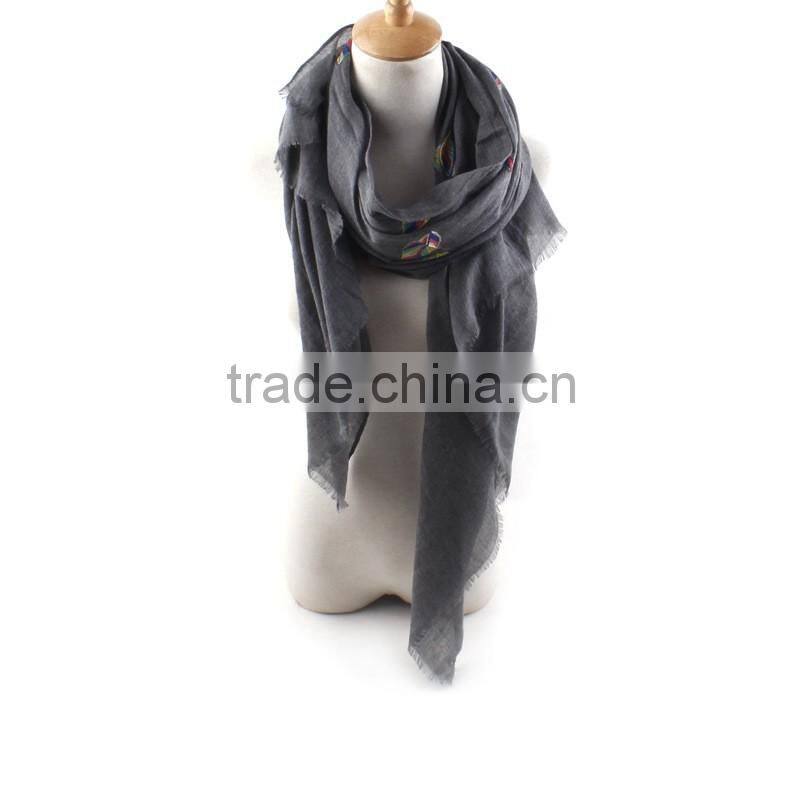 2016 Spring Newest Colorful Leaf Hand Embroidery Designs Cotton Scarves