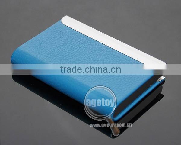 High Quality Box Packing Lichee Pattern Blue Leather Flannelette Lining Stainless Steel Metal Novelty Leather Credit Card Holder