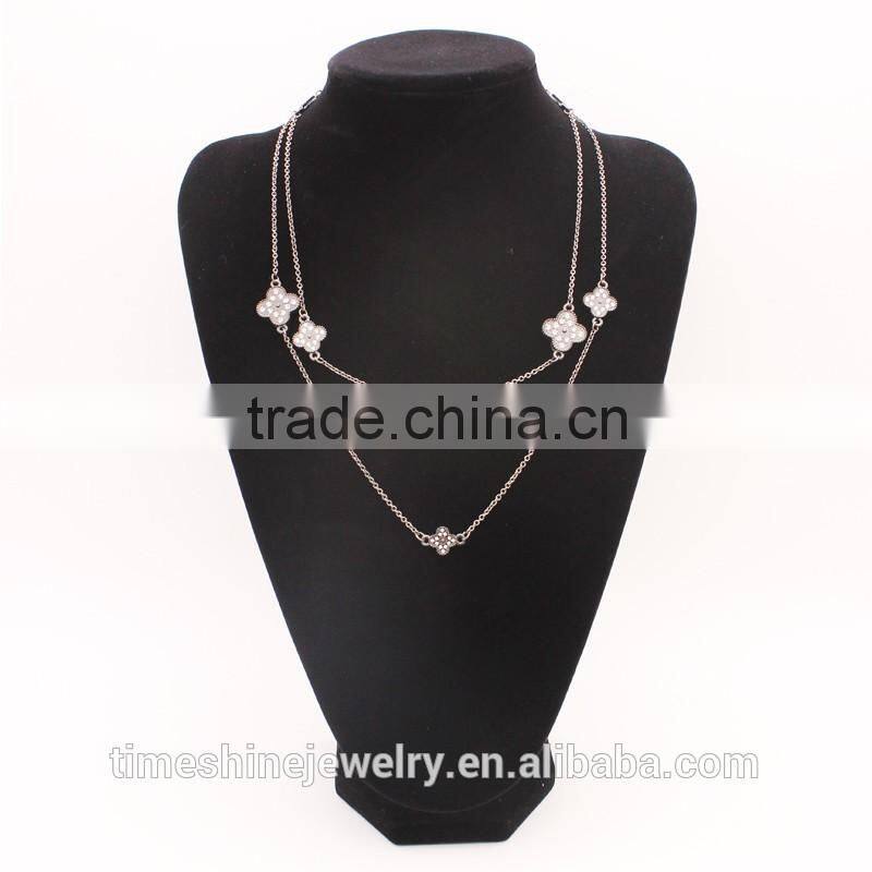 Fancy women fashion coustume jewelry gold crystal rhinestone layered clover necklace