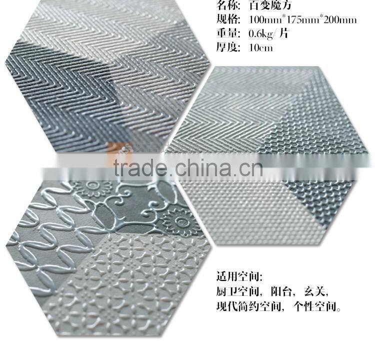 EMBOSS 100*200*175mm grey color hexagon tile porcelain mosaic floor tile