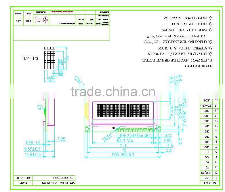 1602 lcd module,dot-martix display,yellow-green transflective STN