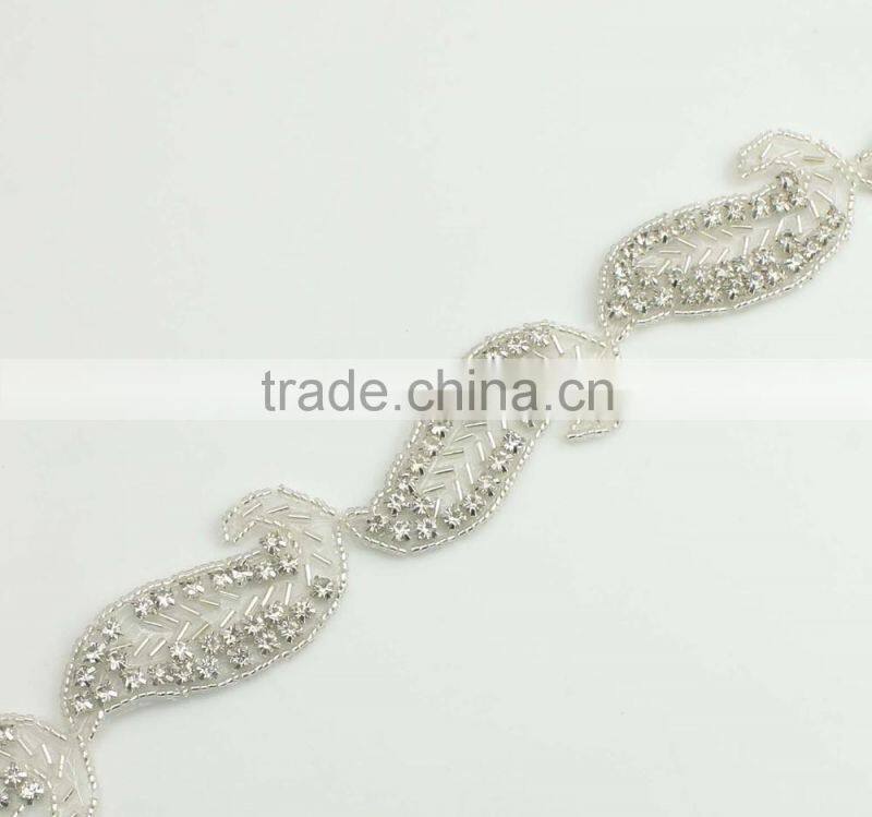 30mm crystal wedding leaf shape bead trim for bridal sash R2319