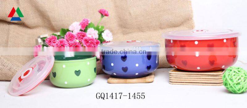 liling factory color glazed ceramic bowl with hearts and dots design