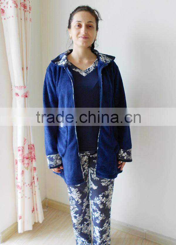 Kevince flannel & interlock pyjamas 3pcs set knitting womens pajama navy flower 1000pcs up OEM factory directly