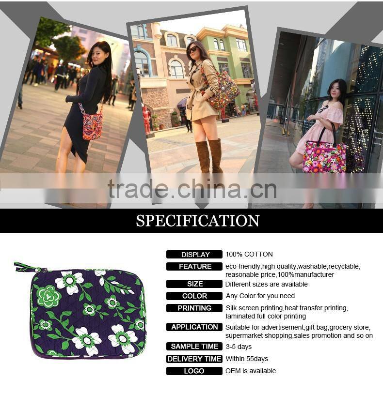 Hot sale cotton bright quilted textile printing insulated women's oem laptop bag