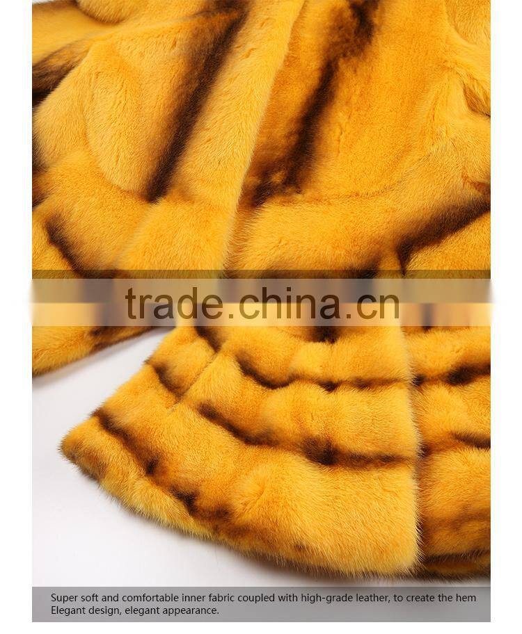 hot sale yellow cross mink coat with hood women warm fur coat for winter