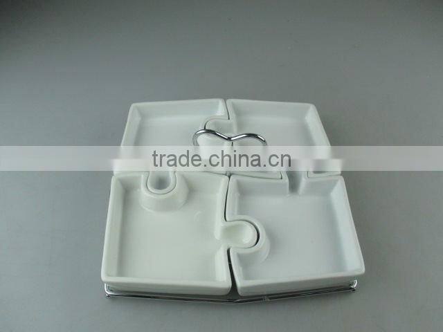 Stocklot white ceramic puzzle shape divided plate with iron stand in cheap price