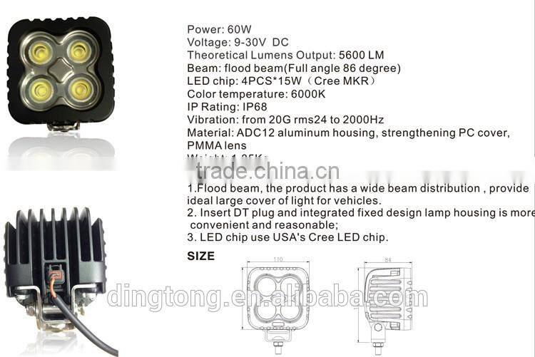 Square 60w Waterproof Off Road LED Work Light 12v 24v high quality led work lamp