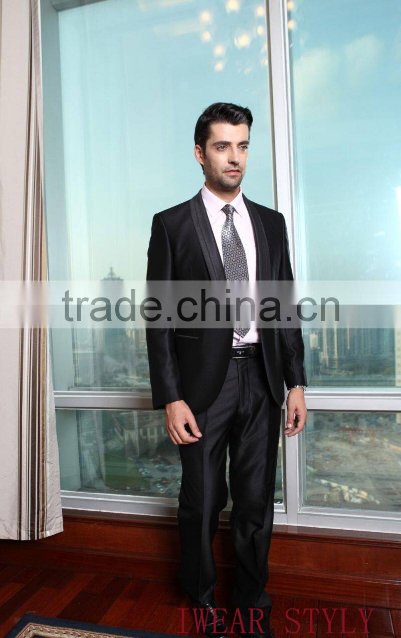2015 custom made fashion satin lapel black suits for men