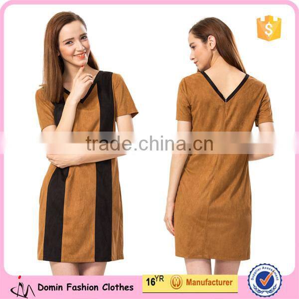 2015 New Fashion Short Sleeve V Neck Vertical Stripe Shift Dresses