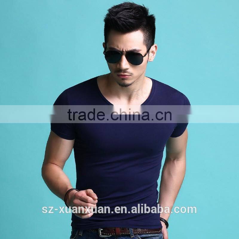 Cheap plain printing pure color cotton men v-neck t-shirt wholesale China