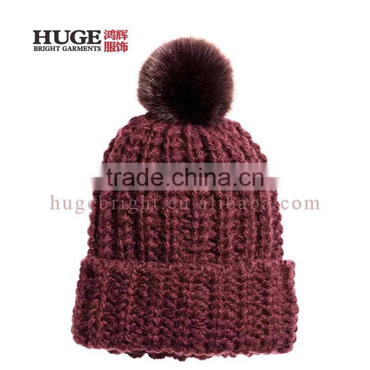 New Fashion A Faux Fur Pompom On The Top Knit Hat Easy