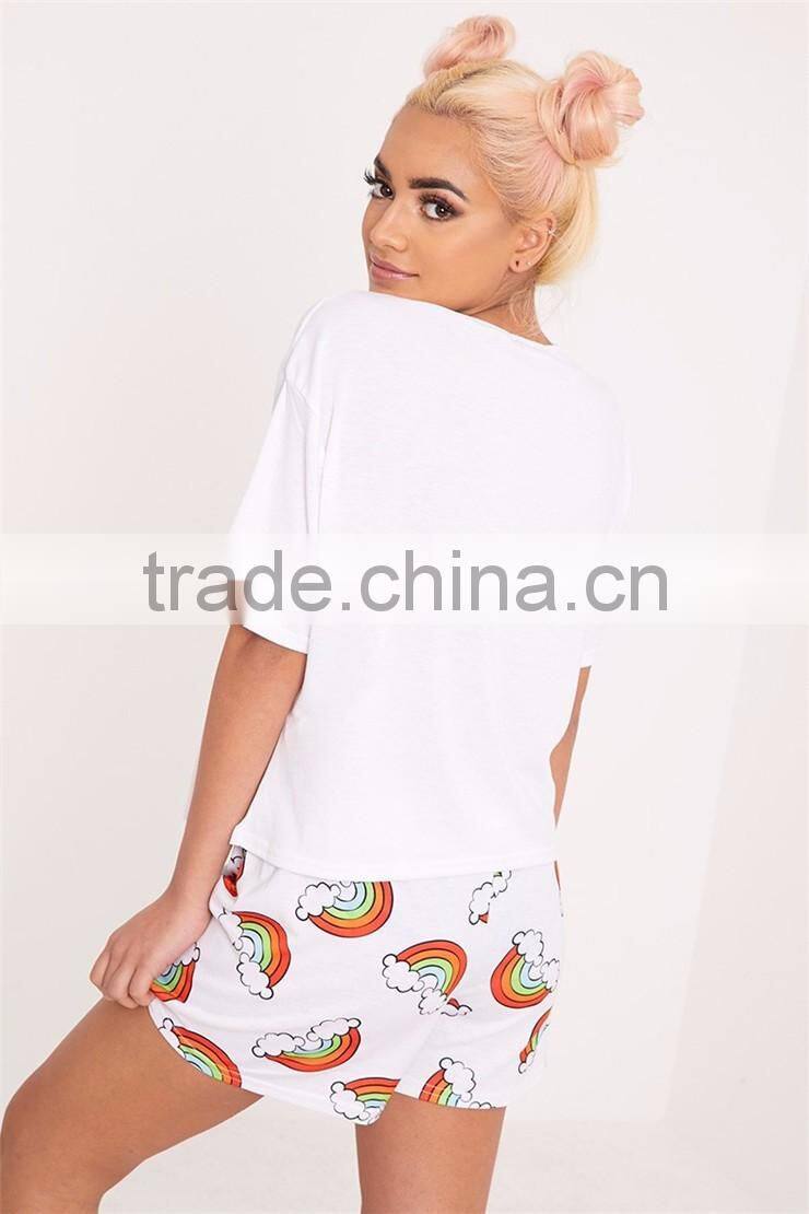 CFull Print Funny Design Women Pyjama Set Unicorn Rainbow White PJ Set Custom Design Ladies Pajama Set