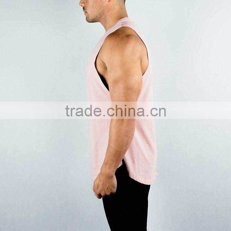 Pale Mauve 95% Cotton 5% Spandex Lifestyle Cut Off Shirt Longline Curved Hem Tank Top OEM Muscle Fit T Shirt