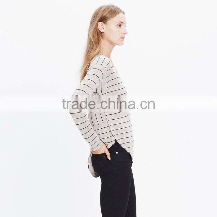 Women long sleeve t shirt v-neck tee in double stripe