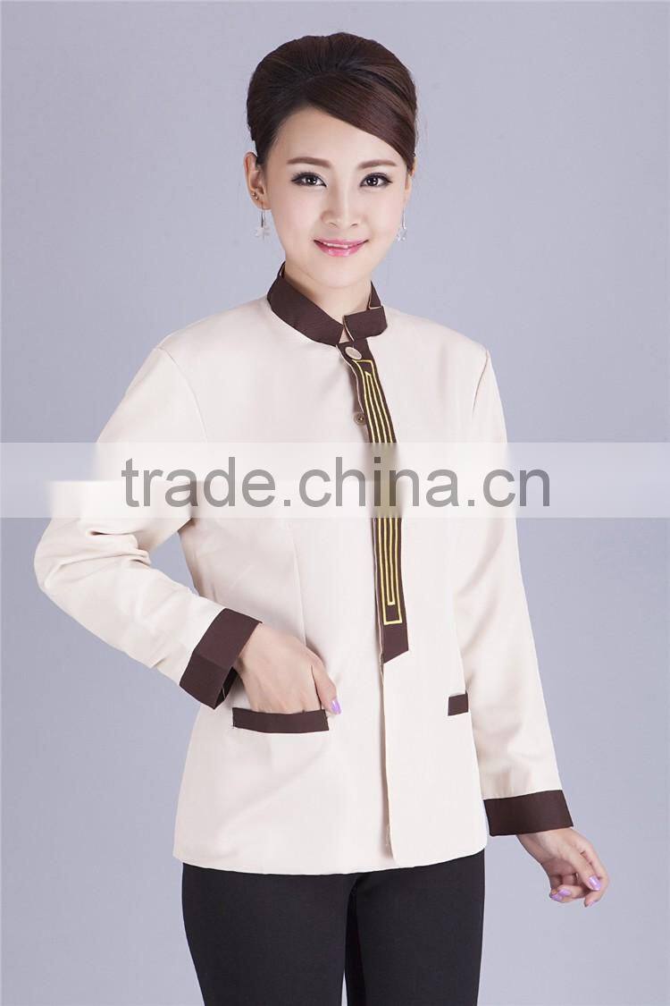 Juqian Wholesale cheap beige fashional design korean collar anti-foul hotel cleaner workwear work uniform