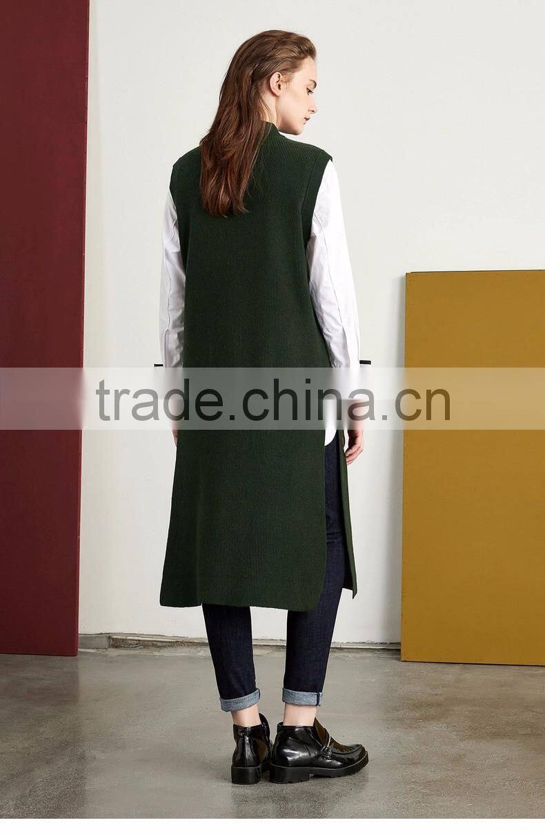 2017 new design women green color Vest sweater Stand collar side vent sweater
