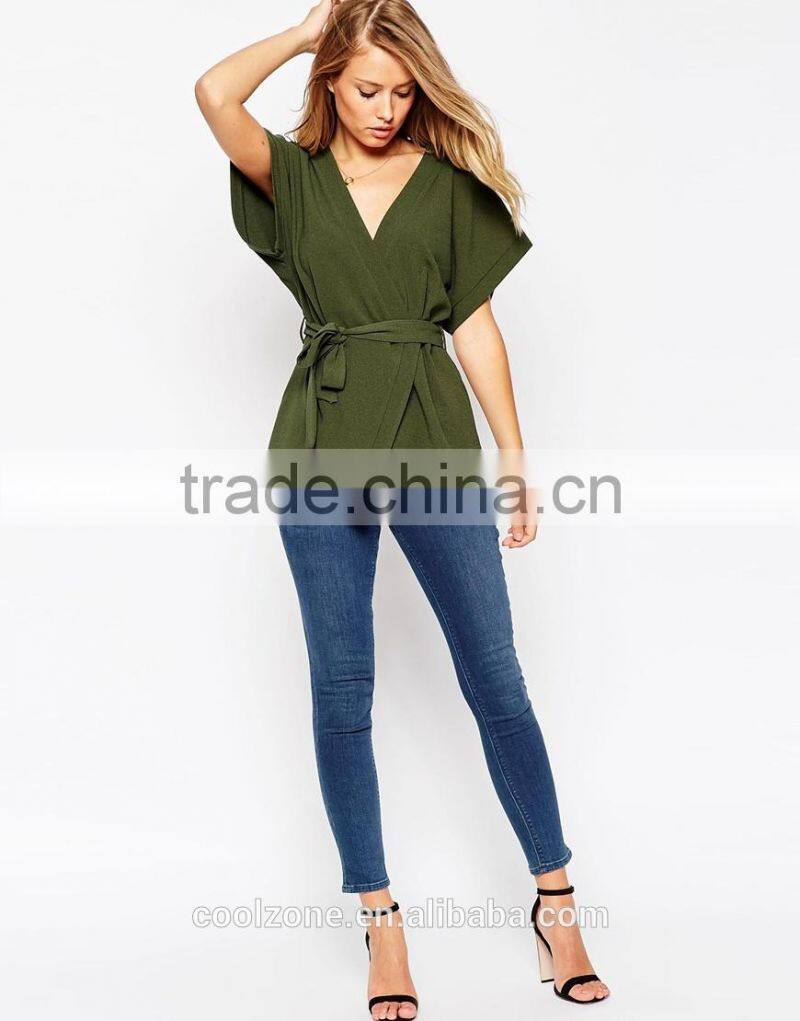 Wholesale wide-cut cuffs wrap design lady blouse,fashion belted blouse 2016