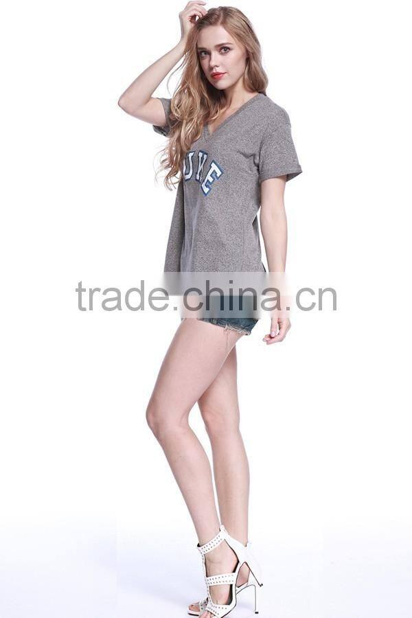 Hot selling women short sleeve t-shirt gray V Neck letters print loose T Shirt