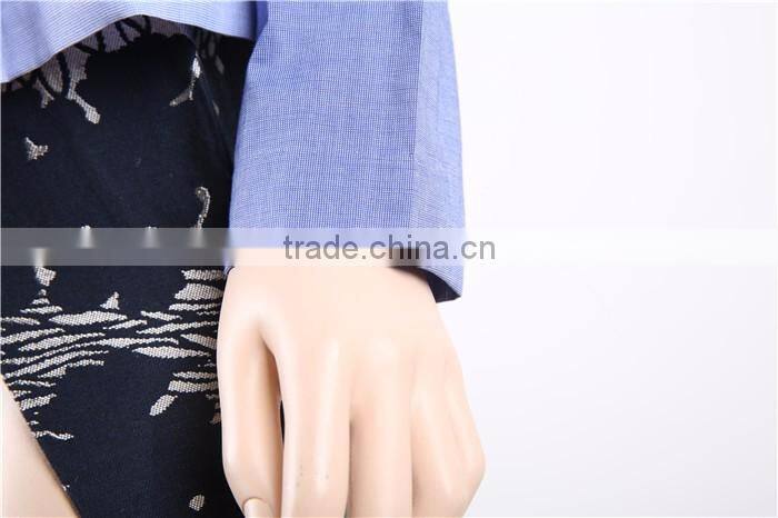 long sleeve blue women blouse patch work designs with bow in front