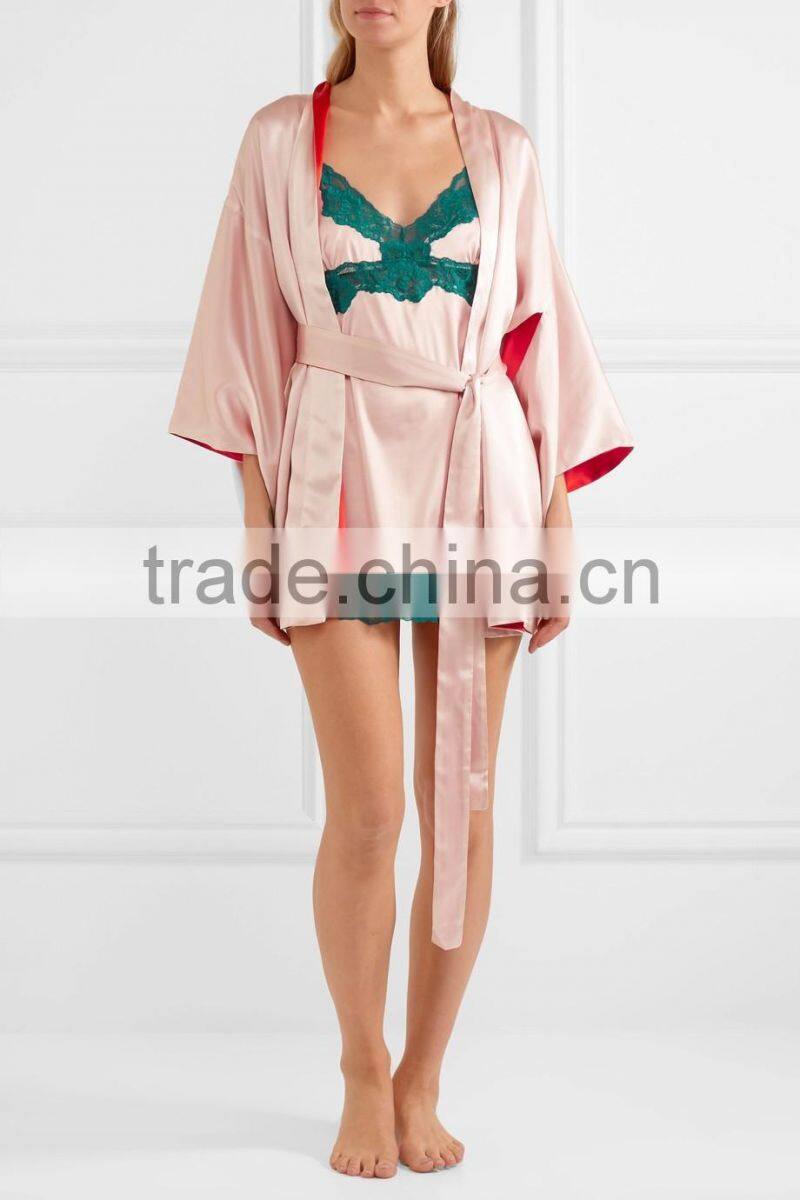 2017 New Style Pink and Red Color Blocking Embroidered Satin Robe with Waist Tie