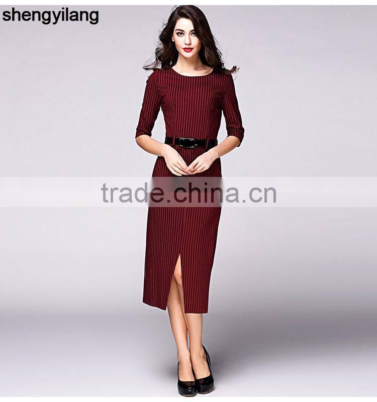wholesale simple striped long dress with belt