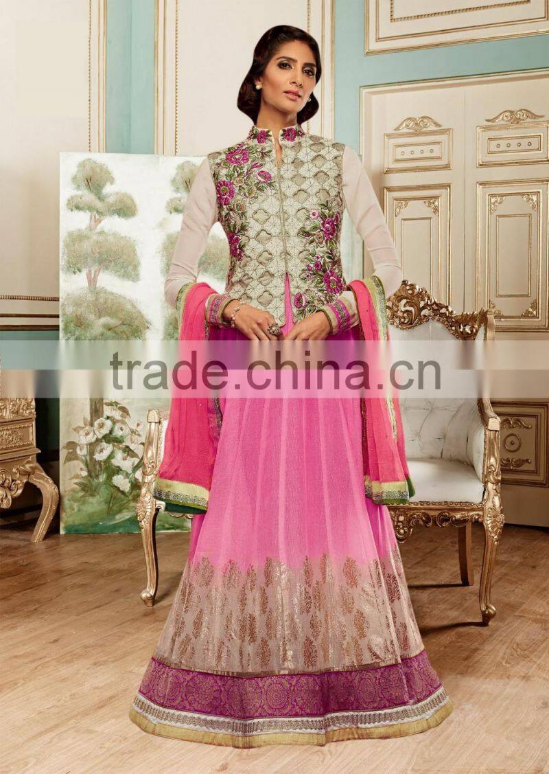 Yellow color on brown with purple color on embroidery heavy design jacket long Anarkali Designer Semi Stitch Salwar Kameez