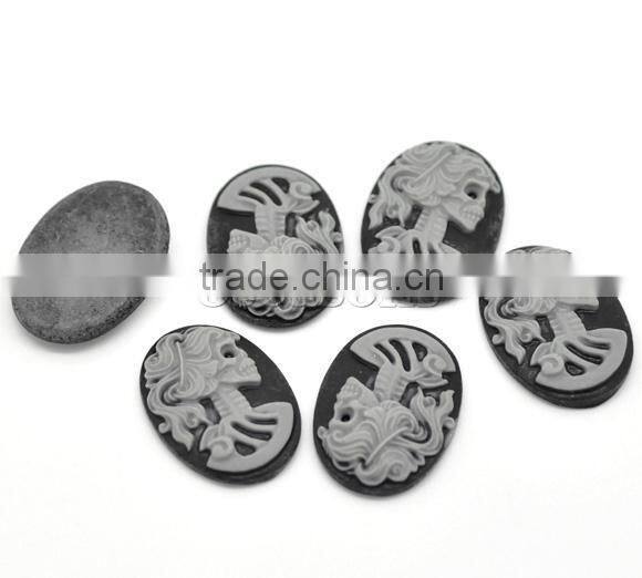 Gray Resin Halloween Skull Pattern Oval Cameo 25x18mm(1"x3/4"), sold per packet of 50