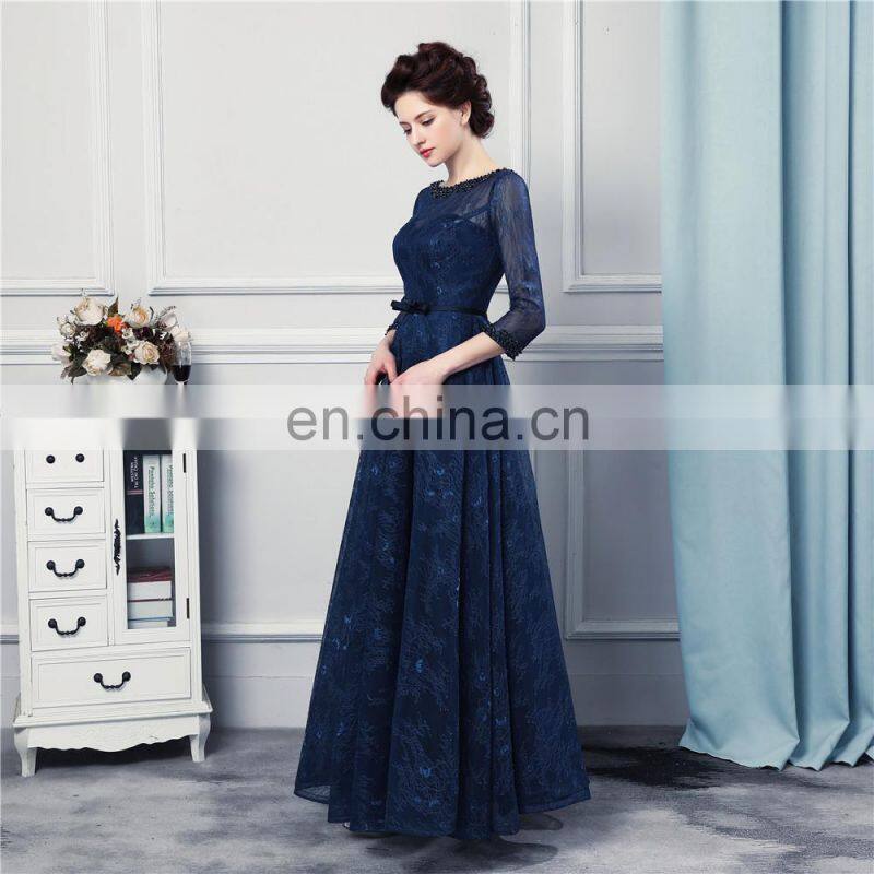 Navy Blue Long Bridesmaid Dresses High Quality Lace Floor Length 3/4 Long Sleeves Sheer Illussion Corset Brides Maid Vestidos De