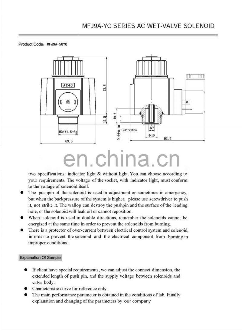 Yuken DC,AC wet- valve soleniod MFZ9-20YC,MFZ9-55YC,MFJ9-26YC,MFJ9-50YC,MFJ9A-26YC,MFJ9A-50YC