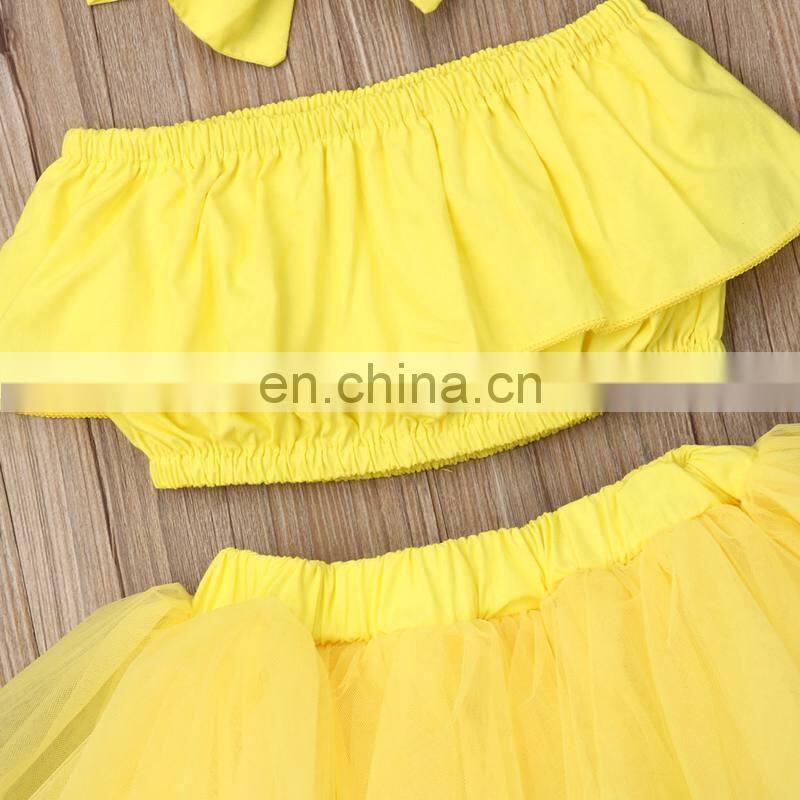 3Pcs Newborn Yellow Clothes Set Kid Baby Girl Outfit Off Shoulder Top+Tutu Tulle Skirt Set Summer Baby Clothing
