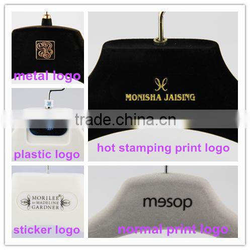 Black nonslip velvet flocked hanger with logo and gold hook for coat