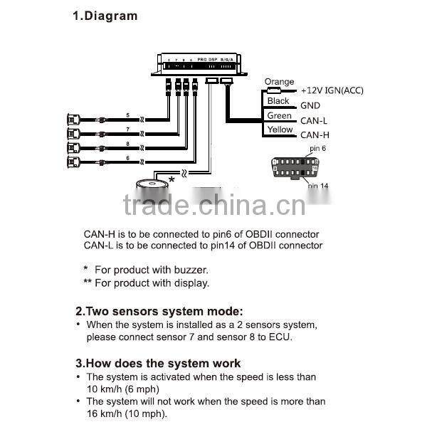 Canbus front car parking sensor with speed control OBD2