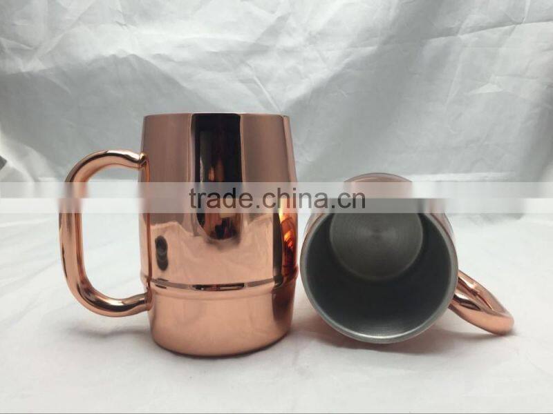Hot coffee Mug Passed FDA, CA65 Double Wall 304 Stainless Steel, Copper Plated 17oz 500mL insulated Beer Mug with plastic lid