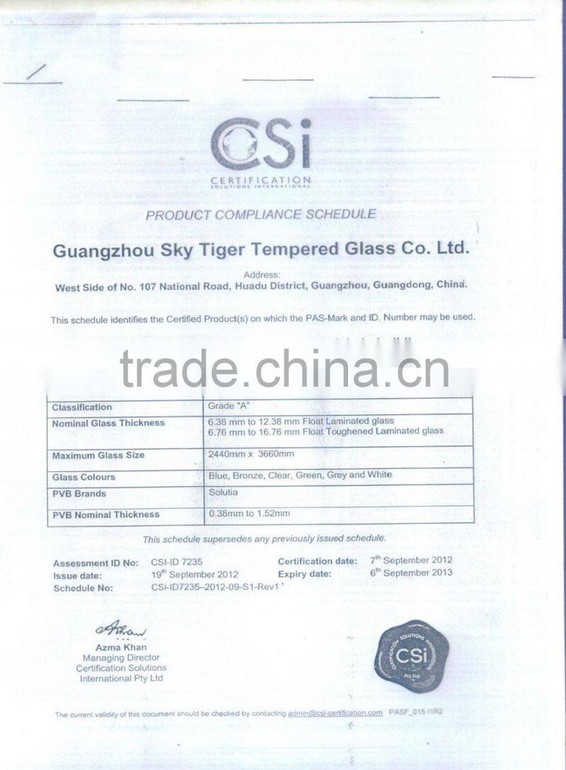 Guangzhou supply Popular silk sreem glass for table ,bus shelf with high quality