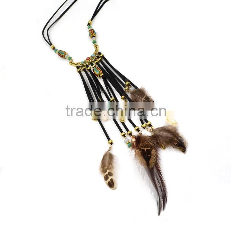 Wholesale High Quality Handmade Black Velour Indian Style Real Feather Pendant Necklace