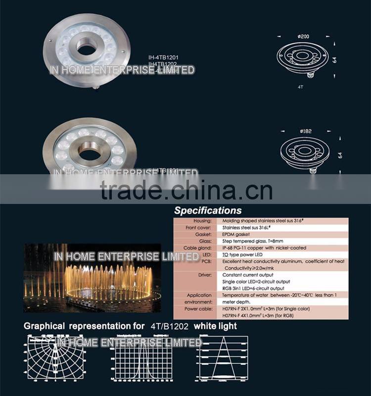 Super bright DMX 12W IP68 underwater light, ss 316 pool light led underwater light