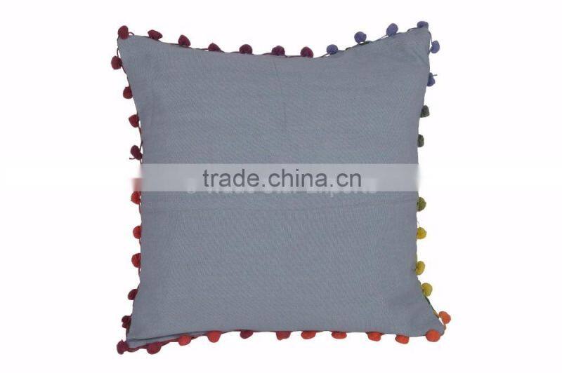 Indian Suzani Cushion Cover 16x16 Pom Pom Pillowcases Boho Throw Pillows