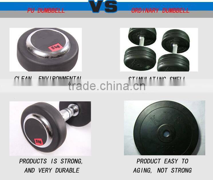 2016 hot sale Deluxe whole shaping 30kg PU Round head dumbbell with Stainless steel plating knurled handle