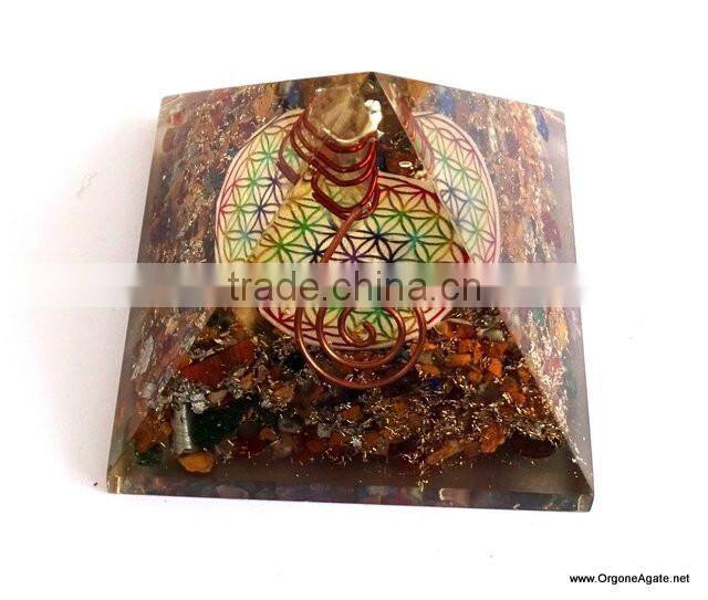 Big Orgone 7 Chakra Stone Pyramid With Flower Of Life Symbol And Crystal Point | Chakra Pyramid