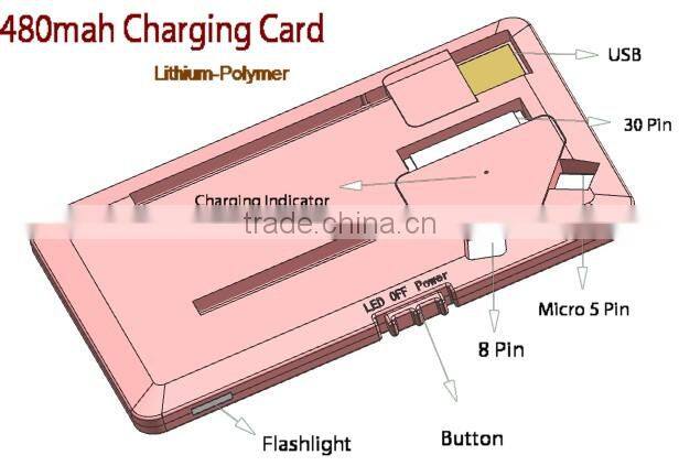 3 In 1 Micro USB 30 Pin 8 Pin Ultra Thin 480mAh Card Battery Charger For Mobile Phone