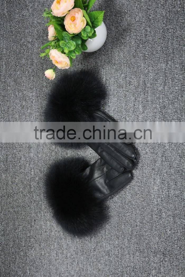 women classic elegant raccoom fur cuff trim sheep leather gloves