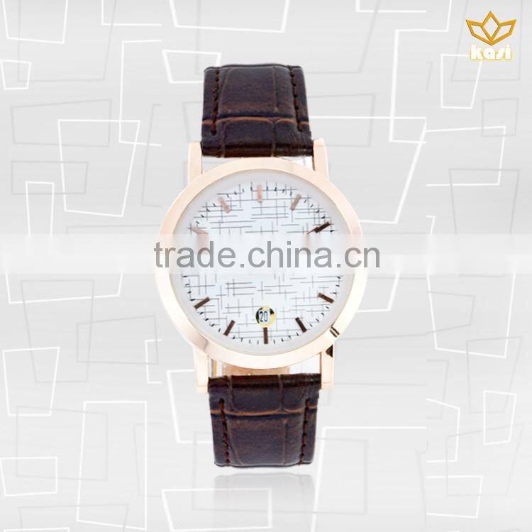China manufacture purple leather waterproof alloy watch case time date and analog display quartz wristwatches Y013