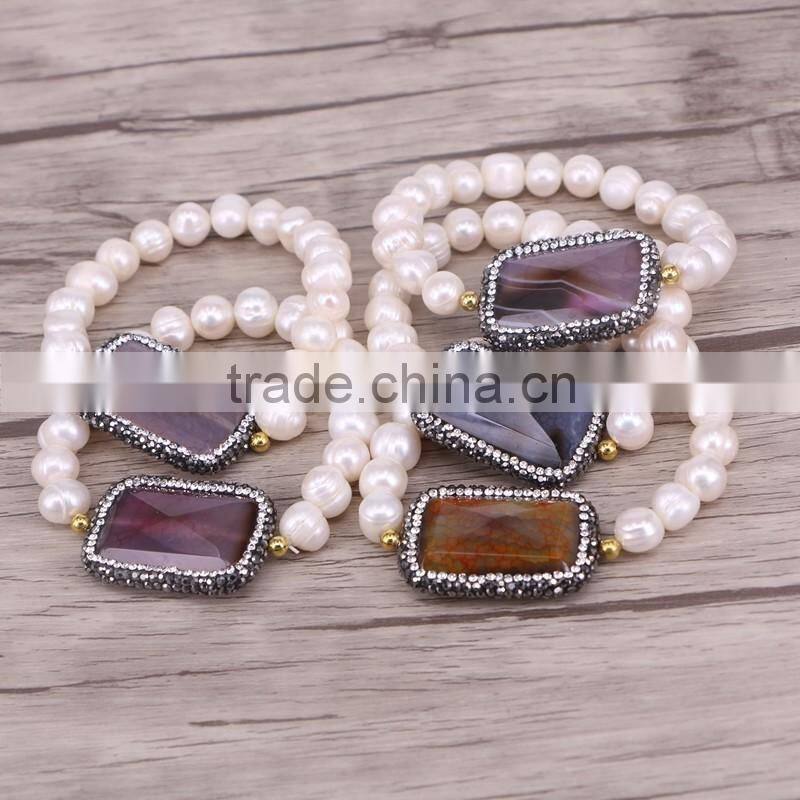 Natural Freshwater Pearls Beaded Jewelry Bracelets, Pave Crystal Agate Gem stone Connector Druzy Bracelet For Women