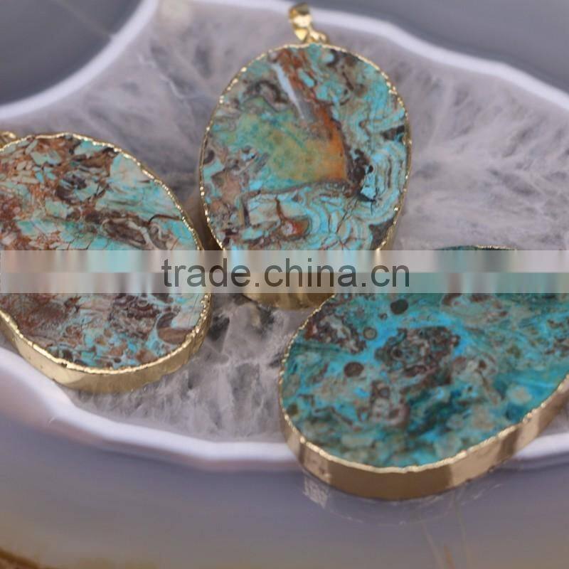 Natural Agate Stone Pendant, Gold Plated edged Oval shape Slab Stone Pendant, Double Flat Ocean Agate Gem stone Pendants