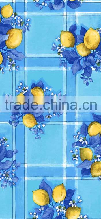 2015 Newest printed lemon and checked design plastic table cloth with lace/waved/straight edge