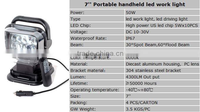 7 inch 50W high power handheld led rechargeable work lamp with remote control