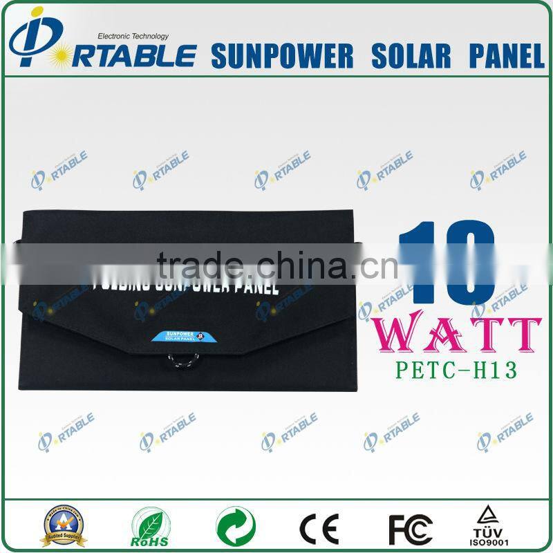Mini solar mobile charger Sunpower solar model tariff exemption 13W solar folding panel charger (PETC-H13)