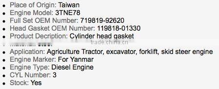 3TNE78 steel head gasket for yanmar tractor spare parts