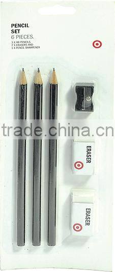 stationery set,3 pcs HB pencils 2pcs erasers and 1 pcs sharpener